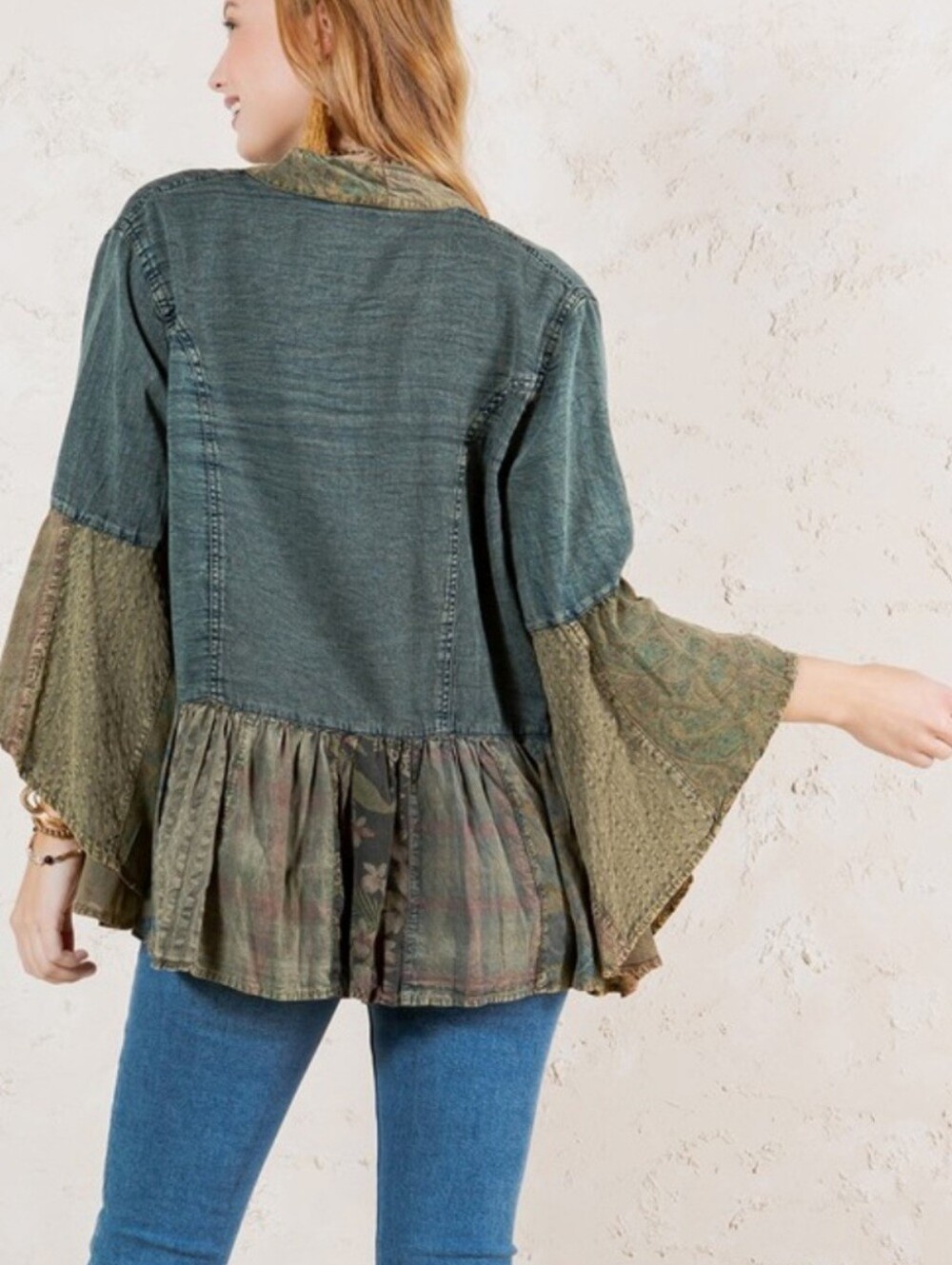 Young Threads “The Liv” Denim Boho Patchwork Olive/Multicolored Kimono Jacket S - Picture 2 of 4